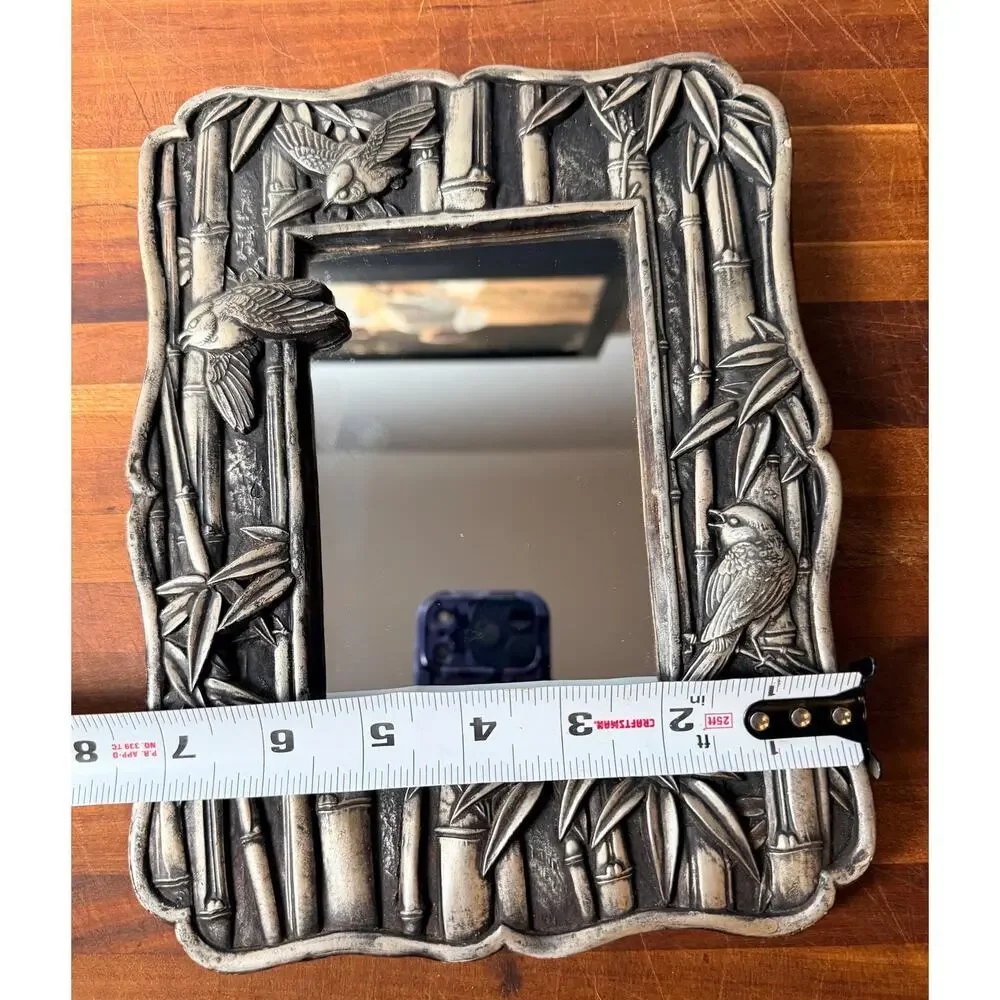 Vintage Chinoiserie Bamboo Bird Mirror | Silver Tone Hollywood Regency